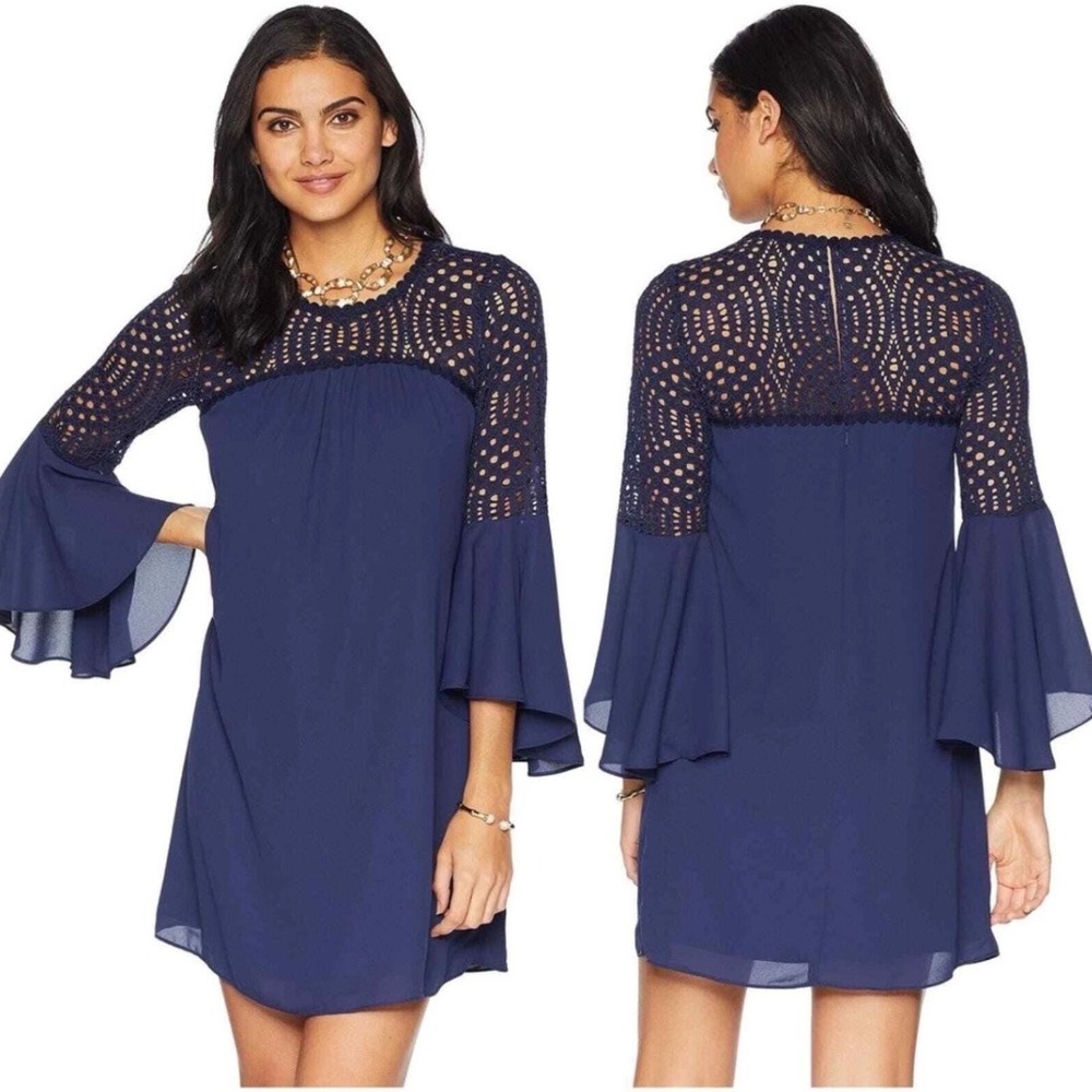 Lilly Pulitzer Amenna‎ Bell Sleeve Lace Dress Navy Size 8 Boho Resort Chic